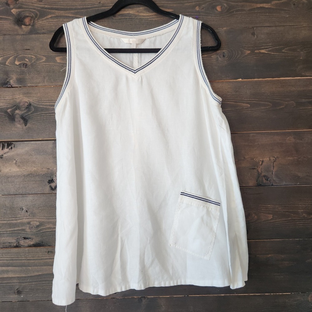Kleen Linen Tank Top Women's L White Sleeveless Flowy Oversized Lagenlook Pocket